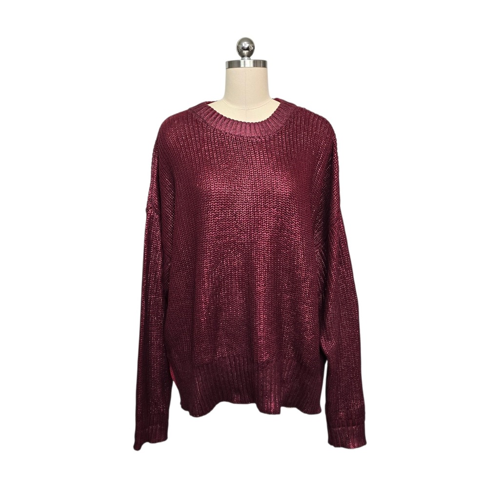 Beach Riot Womens Burgundy Metallic Knit‎ Oversized Pullover Sweater Large Wine